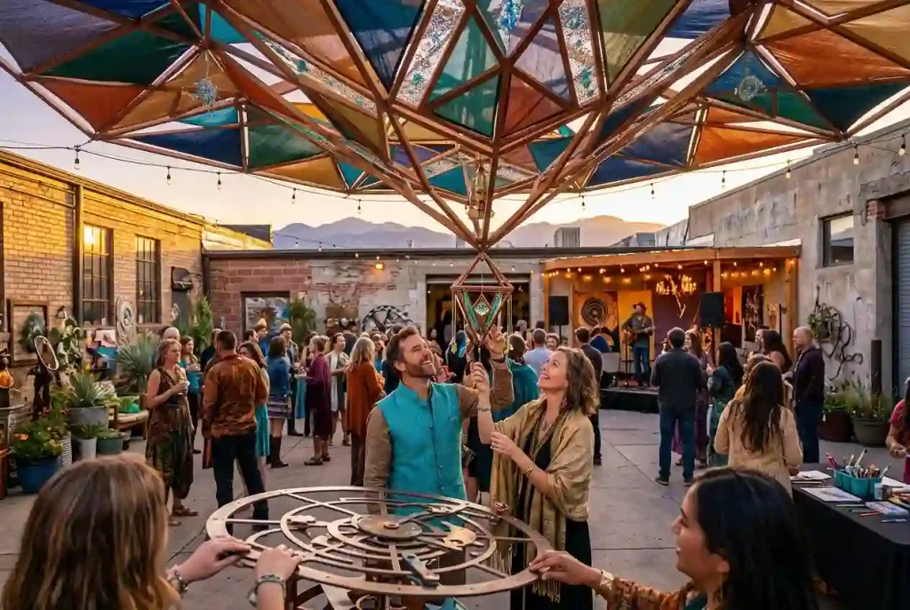 Adults exploring creative art installations at an urban outdoor gathering in Denver, Colorado, representing the Denver DeCOmp community event.