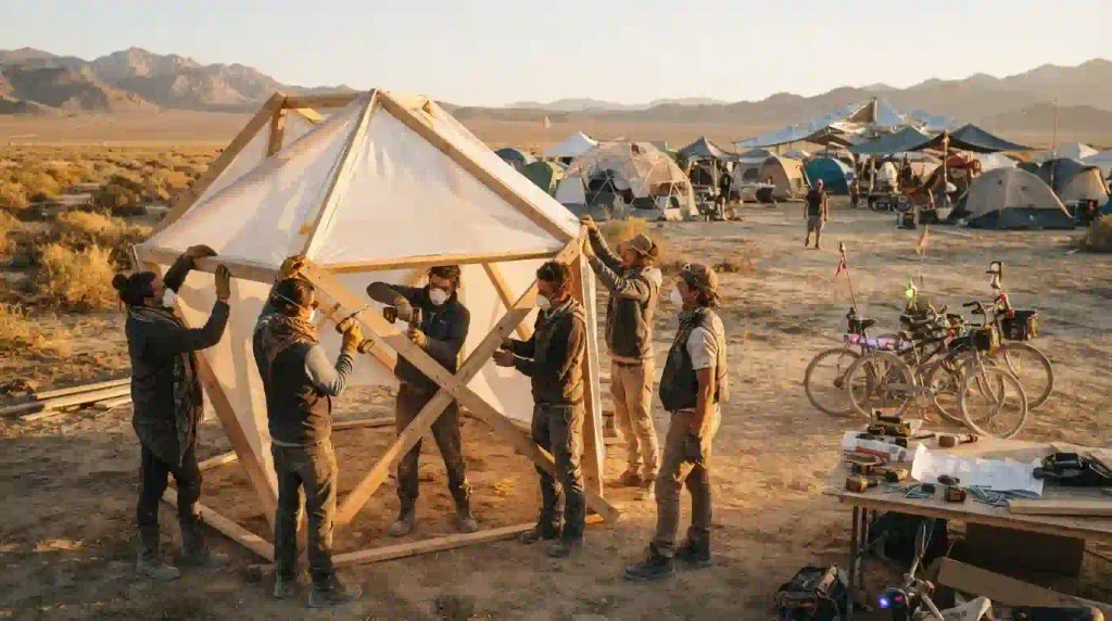 Participants build desert art near tents and bicycles during a self-reliant Burner campout.