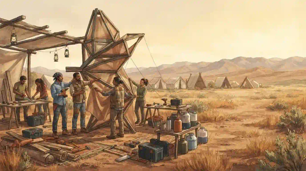 Editorial illustration of participants building an abstract art structure at a Nevada desert campout.