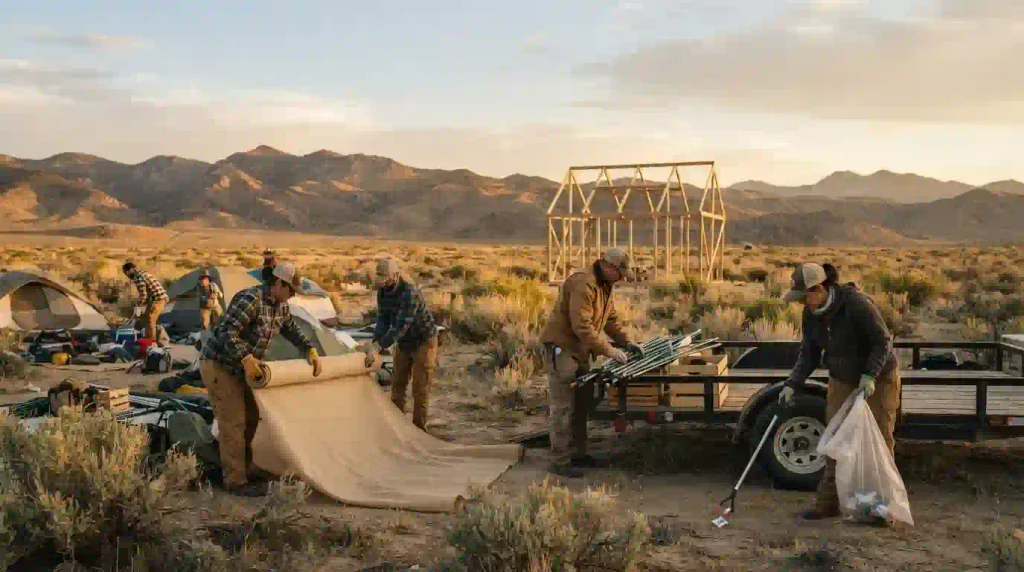 Volunteers packing art materials at a Nevada desert campout on the final day of Fly Ranch Fall Harvest Party