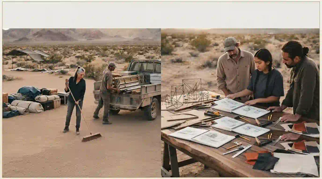 Artists pack up a post-playa gathering while another team plans a future desert art installation