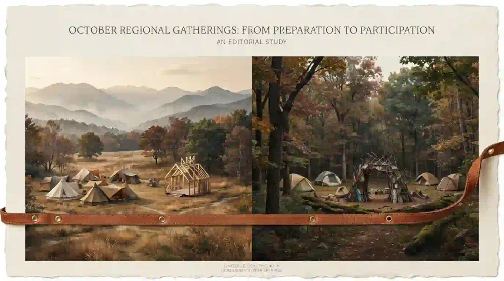  Editorial illustration of autumn camping in a Japanese mountain meadow and a Connecticut woodland.