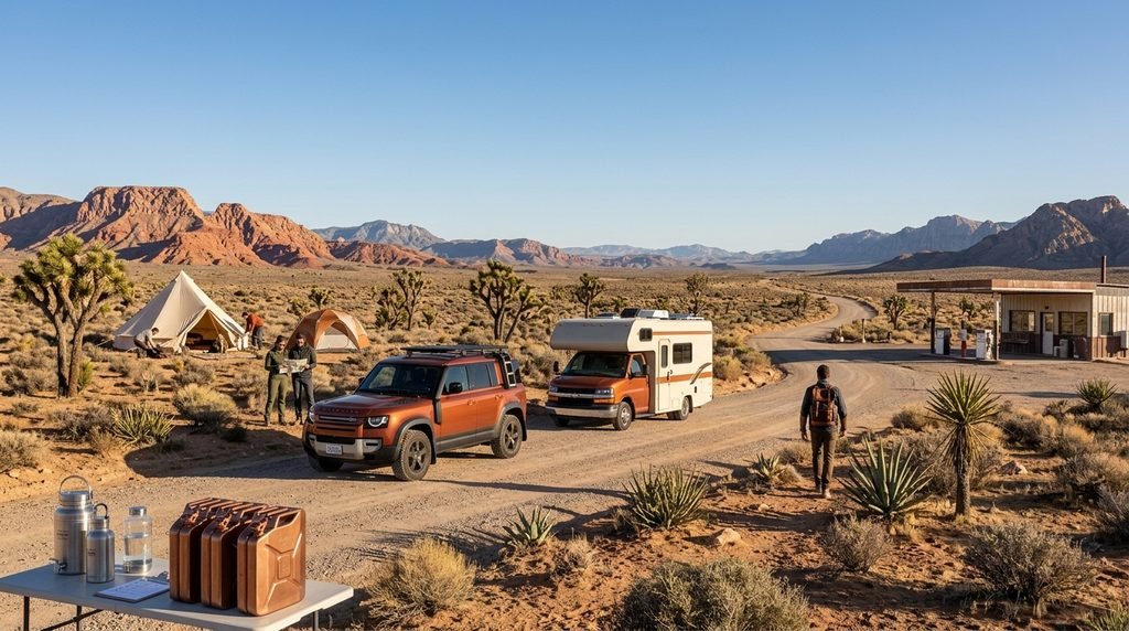 Travel planning illustration for YOUtopia 2026 showing a car and RV traveling toward DeAnza Springs Resort in the California high desert, with a route map, fuel pump, and camping supplies.