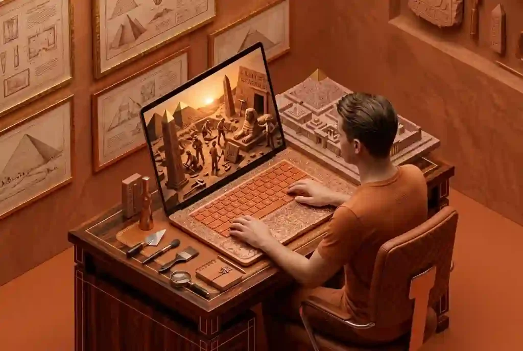 Conceptual illustration of a person using a laptop to explore an avatar-based virtual playa with art and camps.