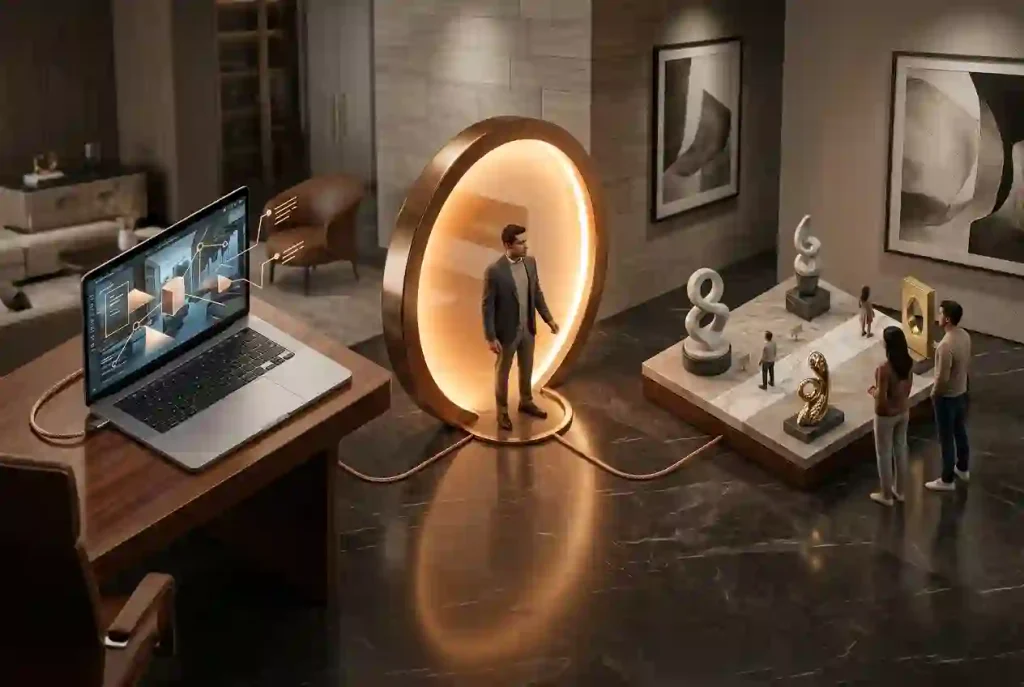  Three-part illustration showing a laptop, a digital avatar and a pathway into a virtual art environment.