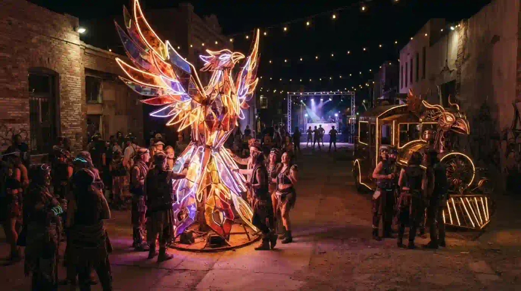 Interactive Burner art and a sculptural mutant vehicle at a Phoenix October art event.