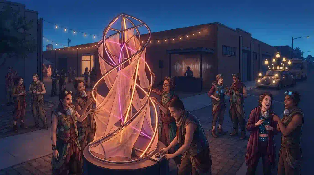 Editorial illustration of people exploring glowing interactive Burner-inspired art at a Phoenix night event.
