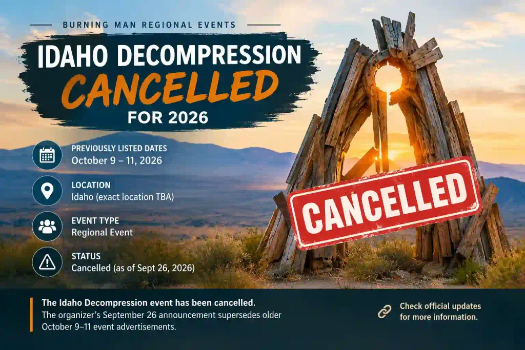 Idaho Decompression 2026 cancellation announcement showing the previously listed October 9–11 dates and September 26, 2026 update.