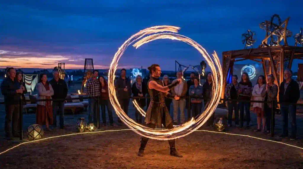 Fire performer creating circular patterns of light during an outdoor community arts gathering at night.