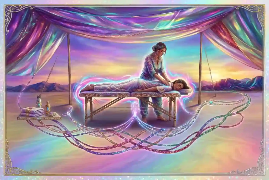 Editorial illustration of a fully clothed participant receiving shoulder bodywork beneath a shade canopy.
