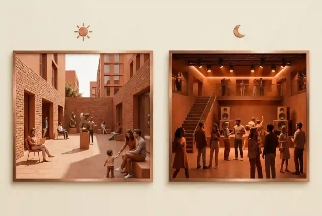 Two-panel illustration contrasting a family-friendly daytime courtyard with an adults-only depicted nighttime music setting.