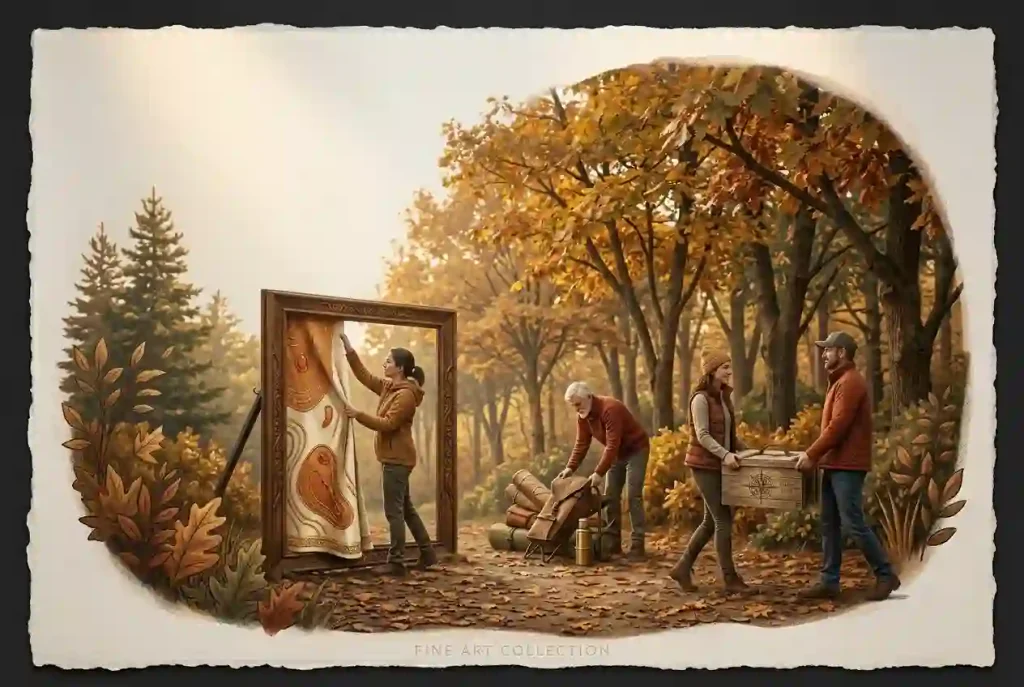 Conceptual woodland illustration of participants dismantling a temporary art space and packing camping equipment.