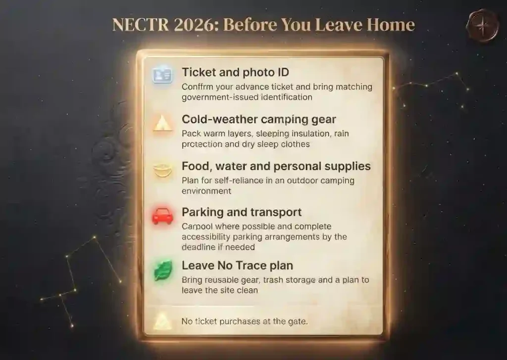 NECTR 2026 checklist covering photo ID, advance tickets, warm camping gear, carpooling and Leave No Trace supplies