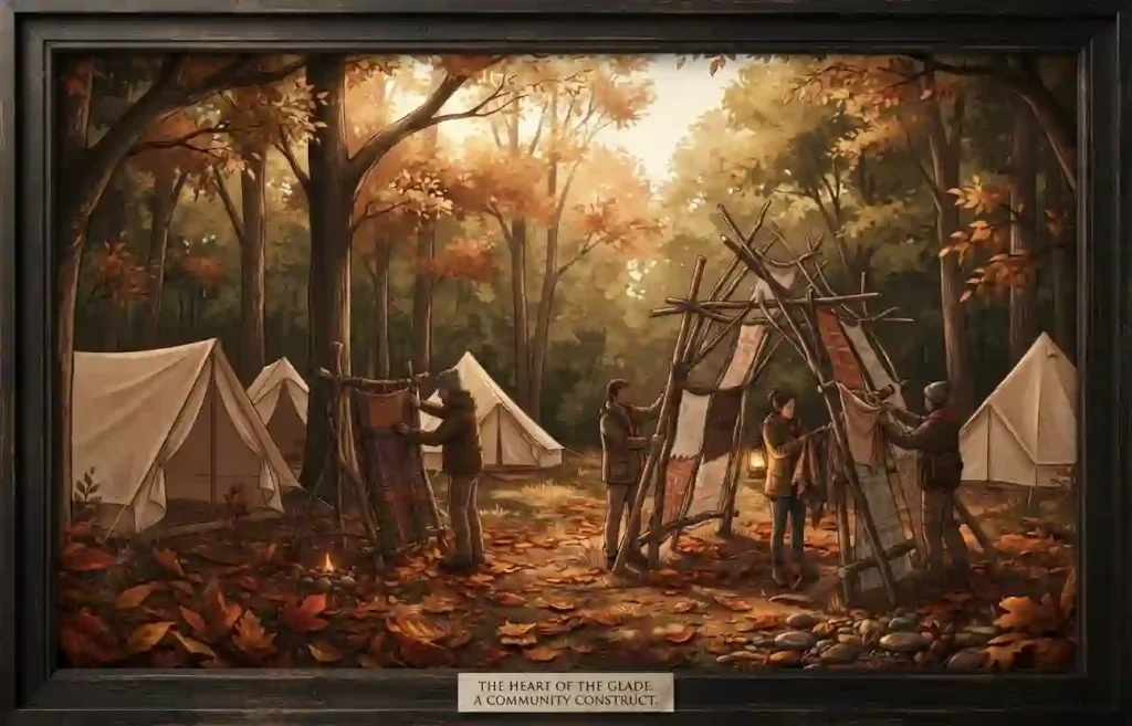  Editorial illustration of campers collaborating on handmade art in an autumn woodland clearing.