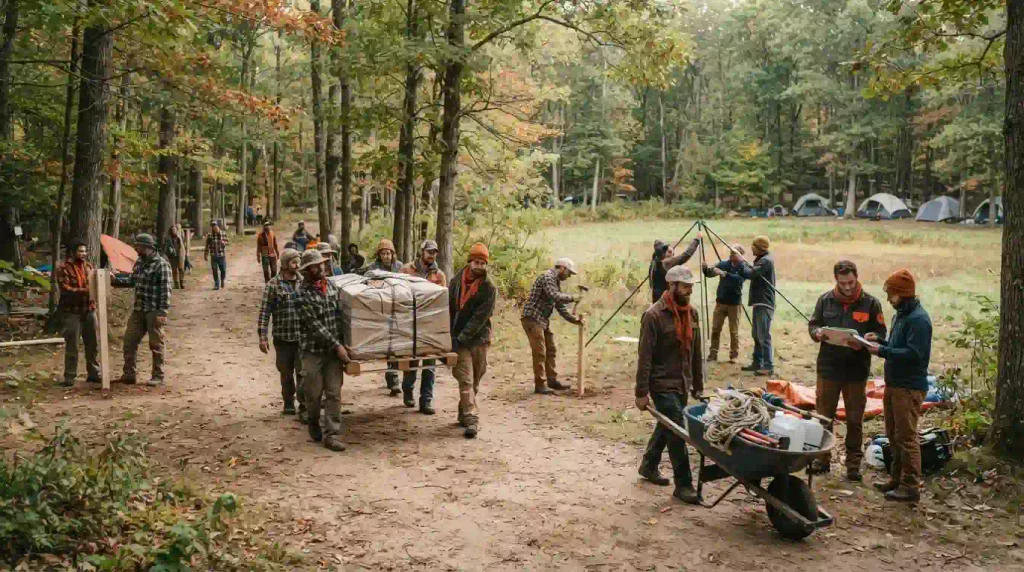 Volunteers preparing a wooded campsite and art area during a NECTR work weekend in Connecticut