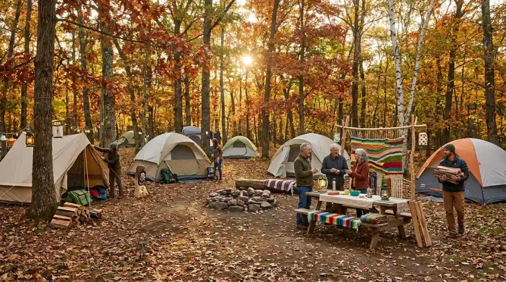 Tents and handmade art installations at a woodland regional arts gathering in autumn light.