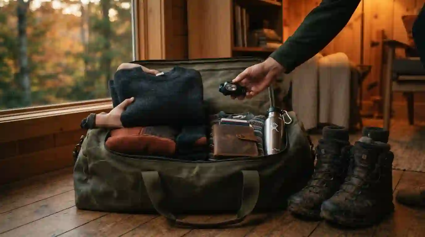 Open camping bag with warm layers, hiking boots, a headlamp and water bottle ready for a final departure check.
