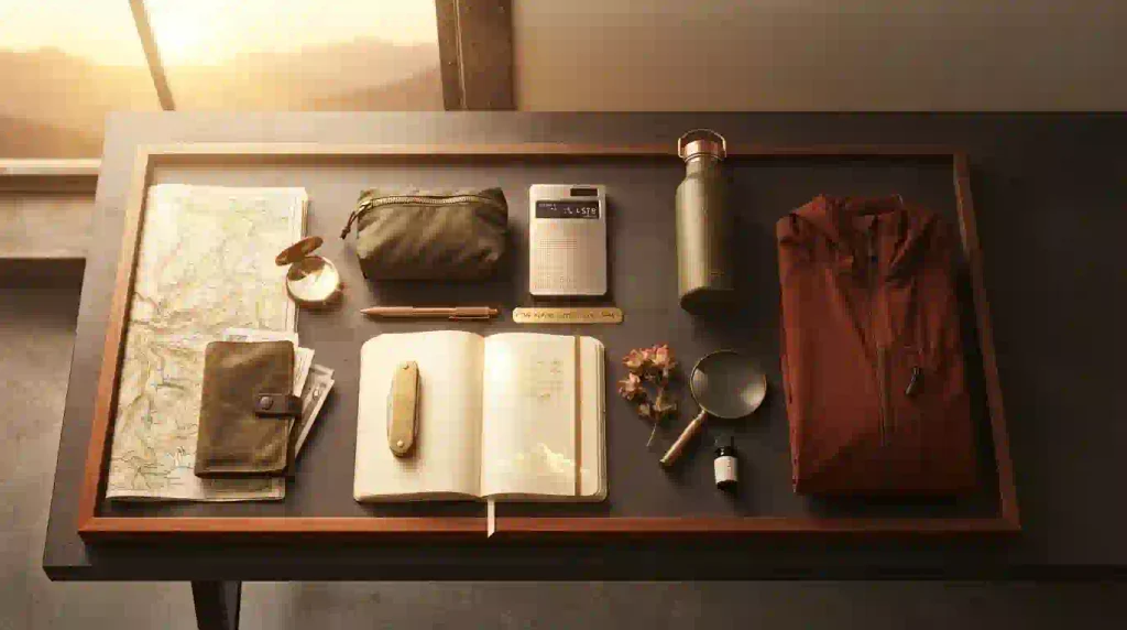 Notebook, calculator, travel map and camping supplies arranged for planning a complete trip budget.