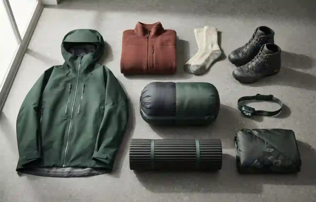 Waterproof jacket, fleece, warm socks, hiking boots, sleeping equipment and headlamp arranged on a grey surface.