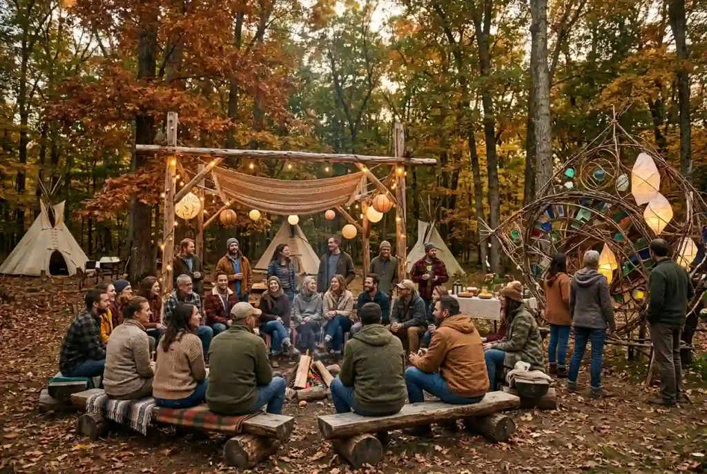 NECTR Connecticut Burner community gathering with adults enjoying creative outdoor art in an autumn woodland setting.