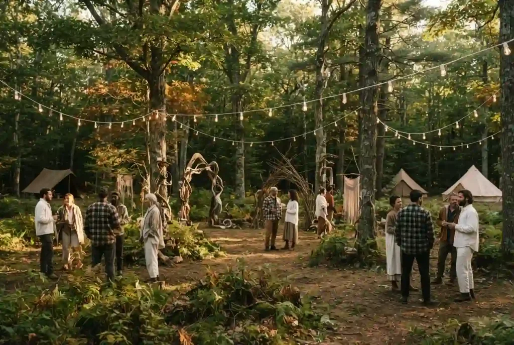 Illustrative woodland arts gathering with handcrafted installations and warm evening lights.