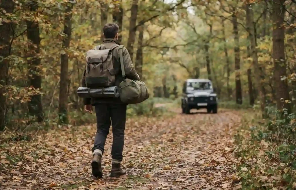 Camper carrying a backpack and compact duffel along an autumn woodland path.