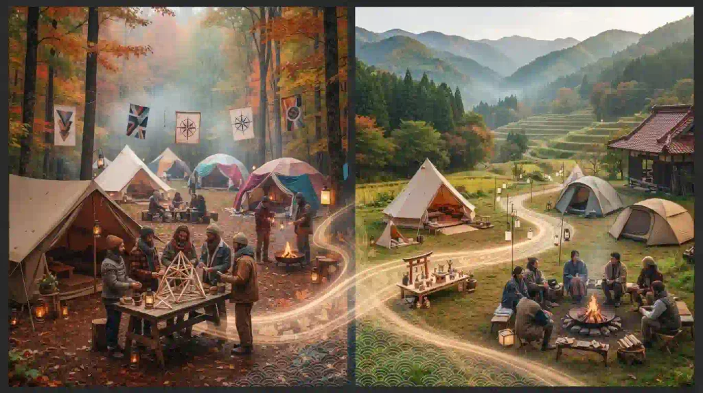 Split scene showing autumn camping preparations for NECTR in Connecticut and Burning Japan in Gunma Prefecture
