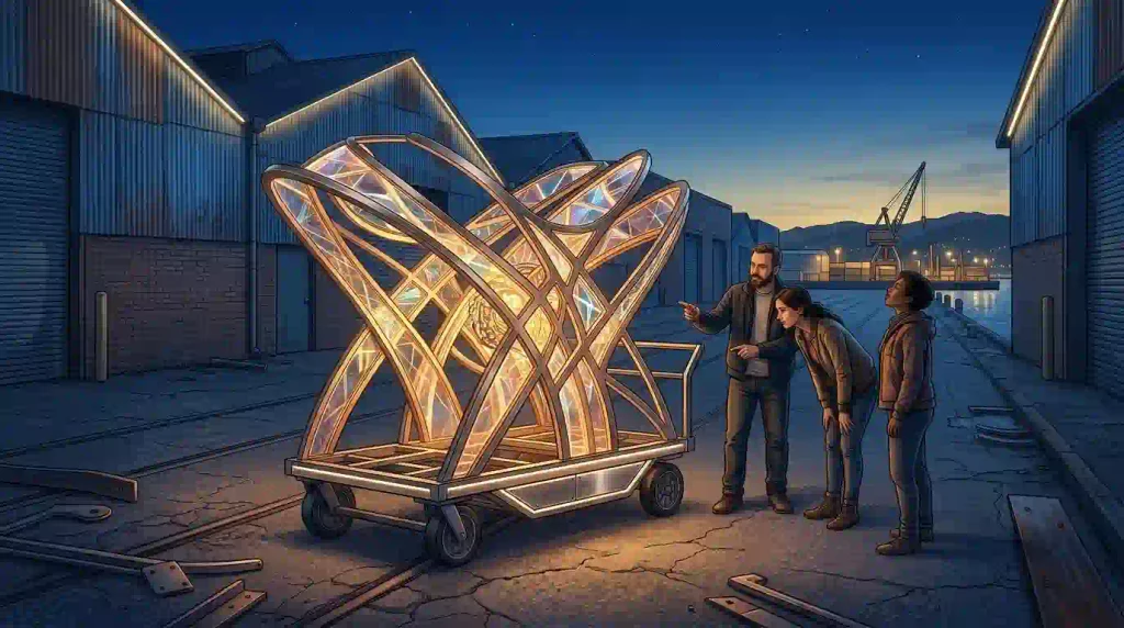 Illustration of an illuminated sculptural art vehicle with participants in an industrial waterfront setting.