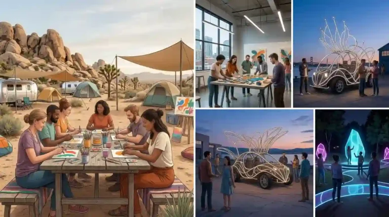 Editorial collage of desert art workshops, Seattle community arts, an Oakland art vehicle and a virtual playa.