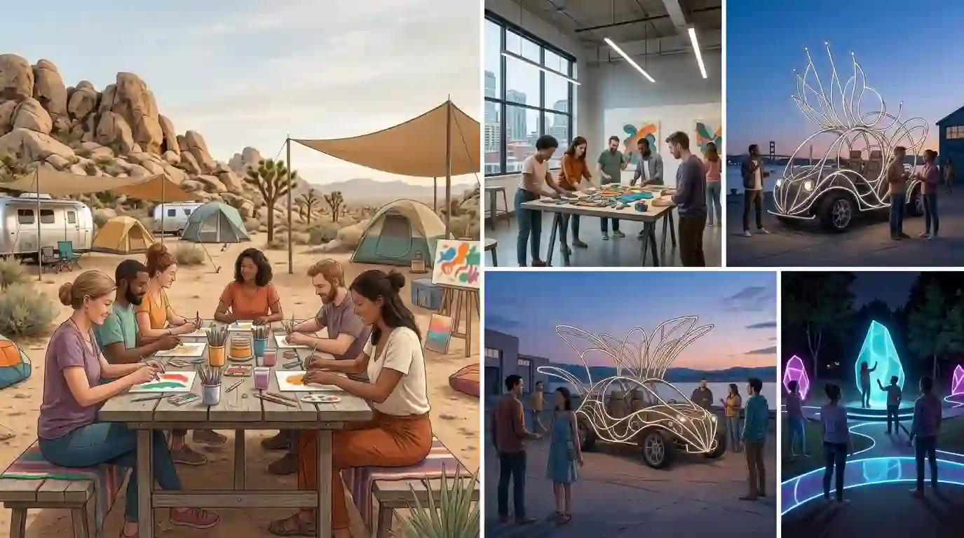 Editorial collage of desert art workshops, Seattle community arts, an Oakland art vehicle and a virtual playa.