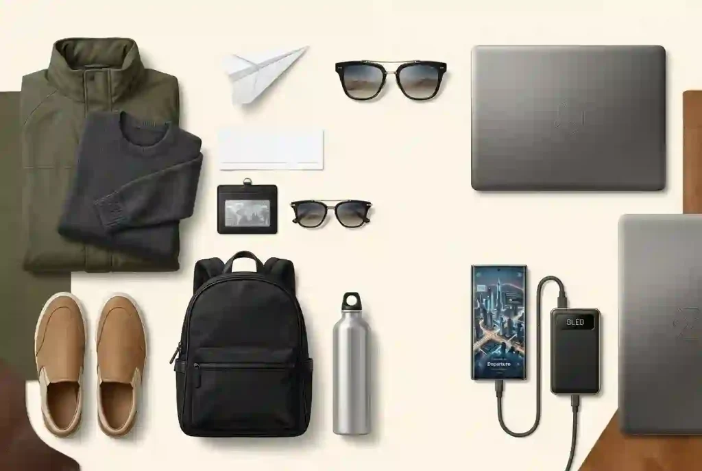 Flat-lay illustration of clothing layers, shoes, ticket papers, a phone, power bank, water bottle and laptop.