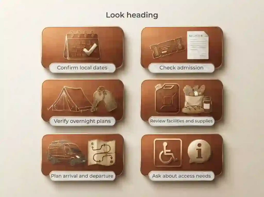 Six checklist icons representing dates, admission, camping, supplies, transport and accessibility.