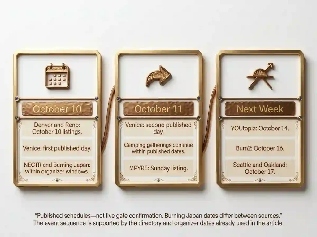 Three-stage timeline separating October 10 listings, October 11 continuation and Burner events beginning the following week.