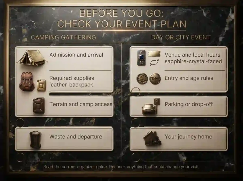Two-column checklist comparing admission, supplies and departure for camping events with planning for day events.