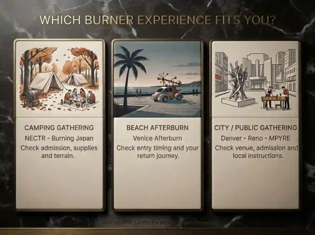  Comparison of camping gatherings, a beach Afterburn and city or public events, with planning checks for each.