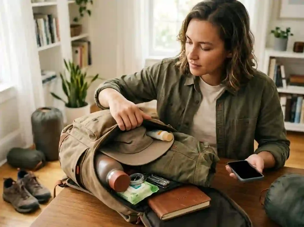 Traveler checking a backpack, water bottle, hat and outdoor essentials before leaving for an event.