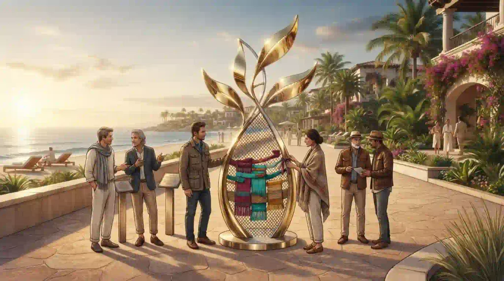 Visitors exploring an abstract sculpture beside a beach promenade at sunset.