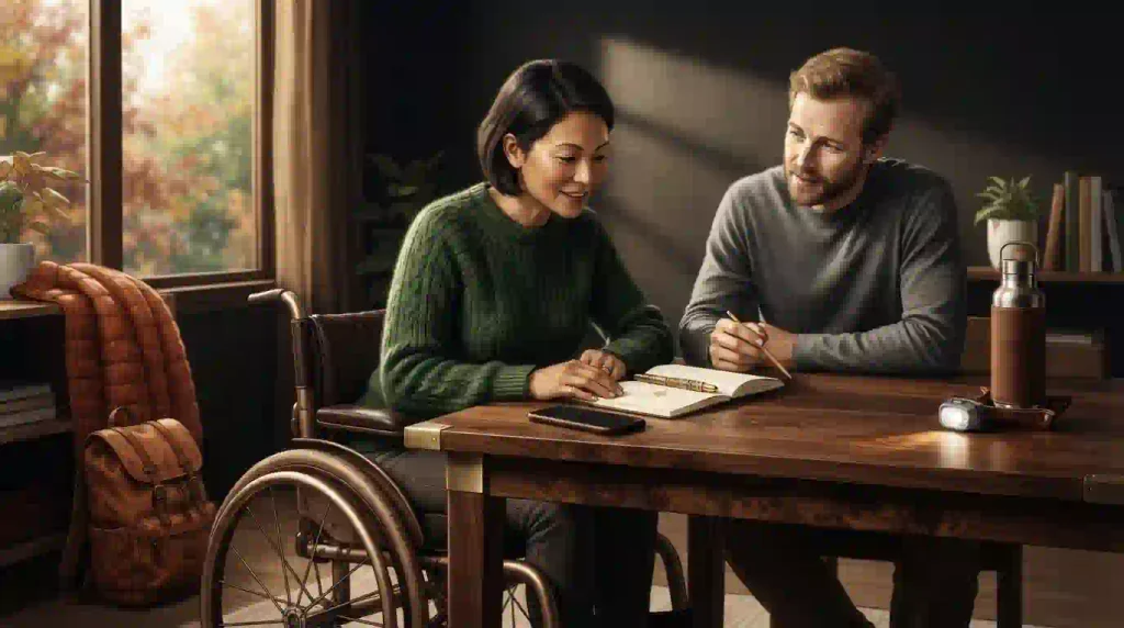 Two travelers including a wheelchair user, reviewing a camping preparation notebook and phone together.