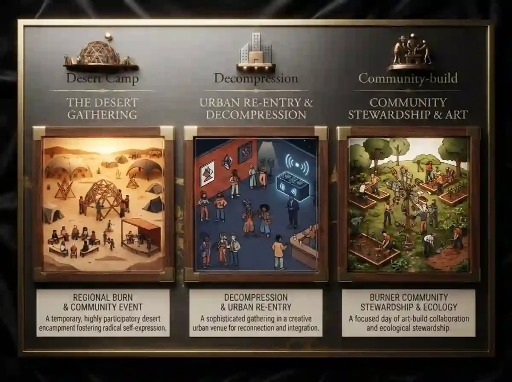 Comparison infographic showing a Regional Burn, a city Decompression and a Burner community art-build gathering.
