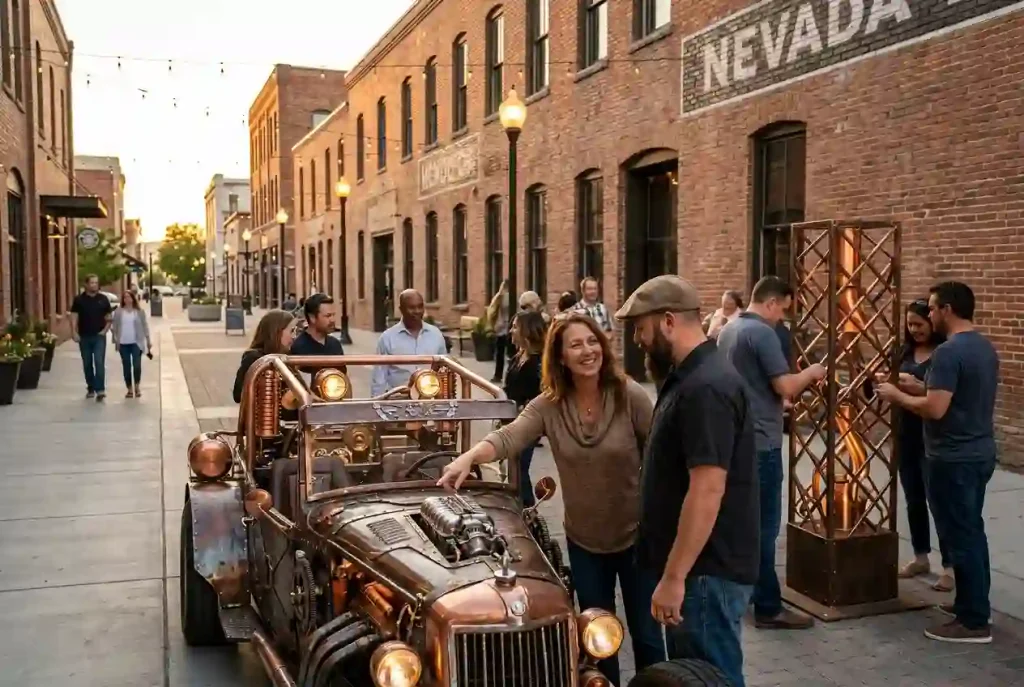 Downtown Reno arts-district setting with brick architecture, pedestrians and an outdoor creative gathering.