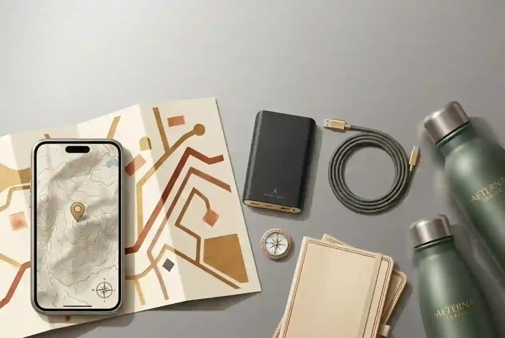 Editorial illustration of a phone with an abstract map, folded guide, power bank and charging cable.