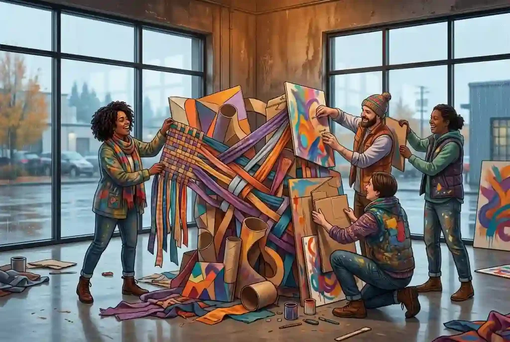 Illustration of adults building a colorful collaborative artwork inside a warmly lit urban event space.