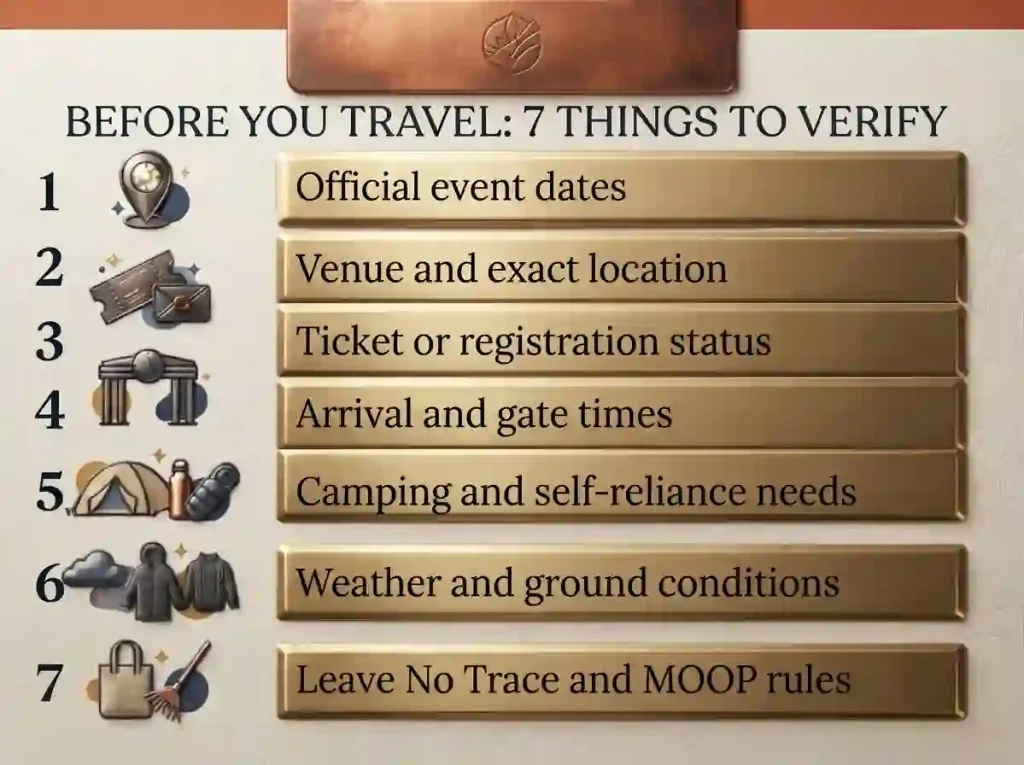 Checklist graphic showing dates, location, tickets, gate times, camping gear, weather and Leave No Trace requirements for Burner events