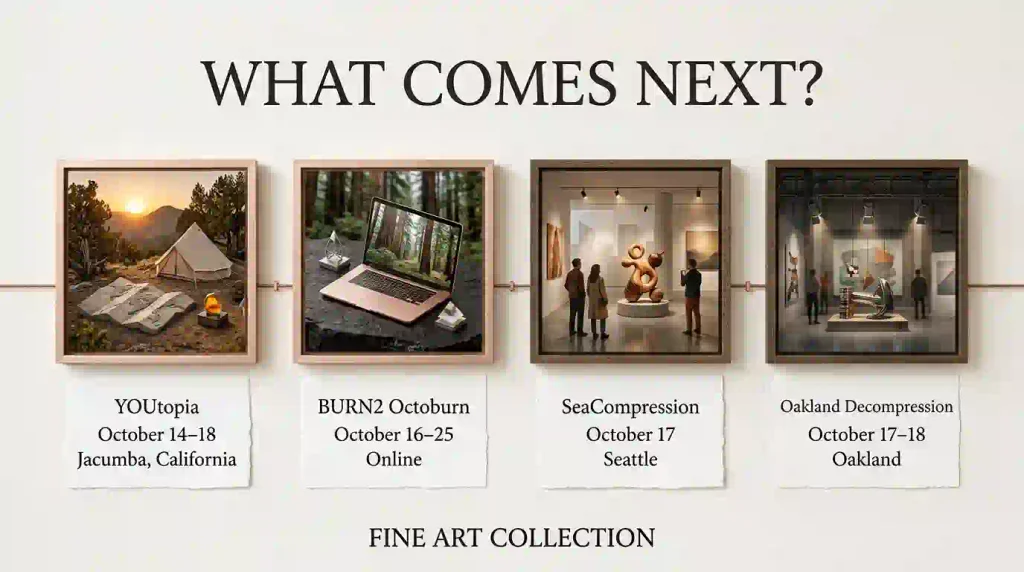 Timeline showing YOUtopia October 14–18, BURN2 October 16–25, SeaCompression October 17 and Oakland Decompression October 17–18.