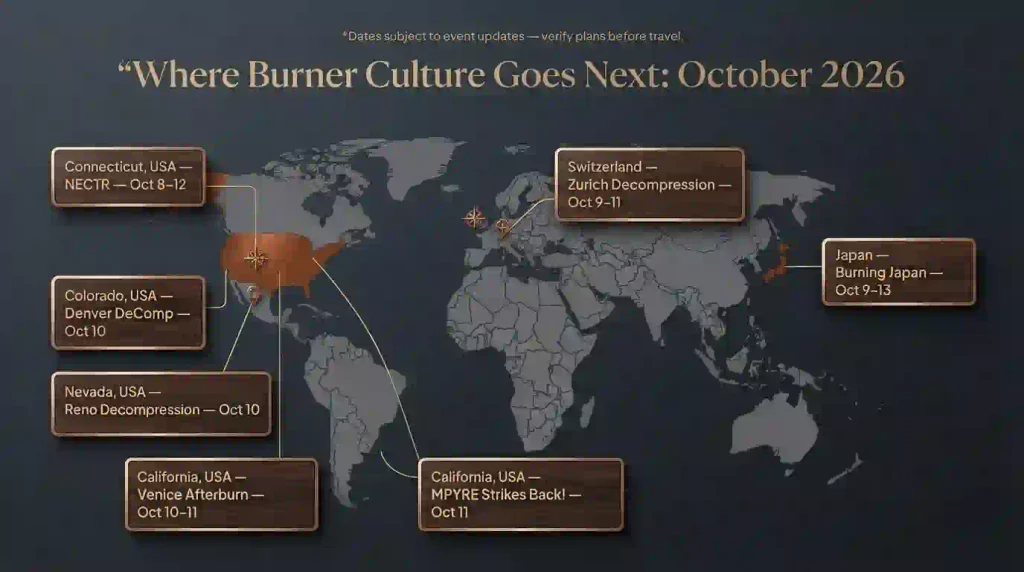 Map showing upcoming October 2026 Burner events in Connecticut, Switzerland, Japan, Colorado, Nevada and California