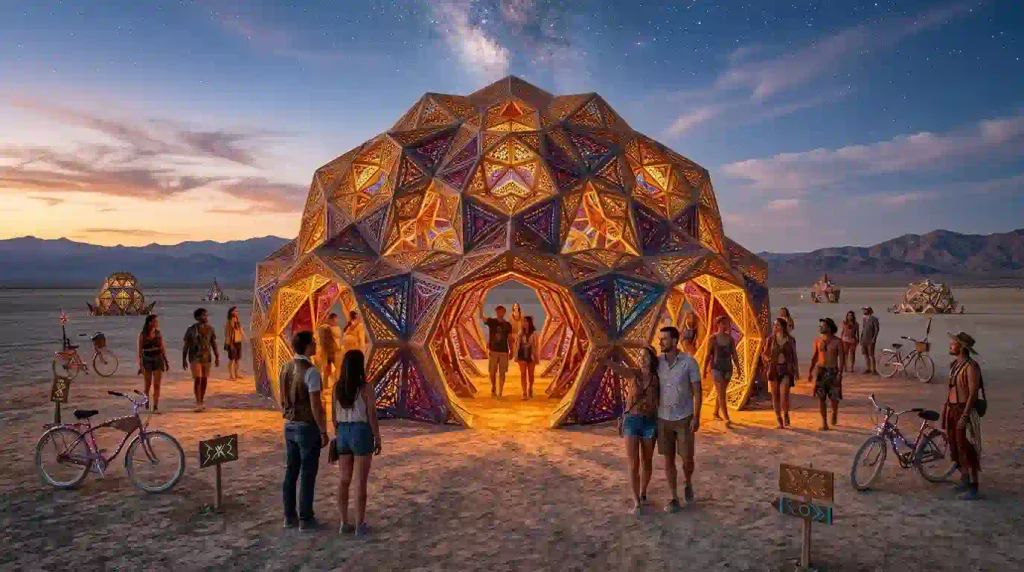 Visitors exploring a glowing geometric art installation at an outdoor regional arts gathering after sunset.