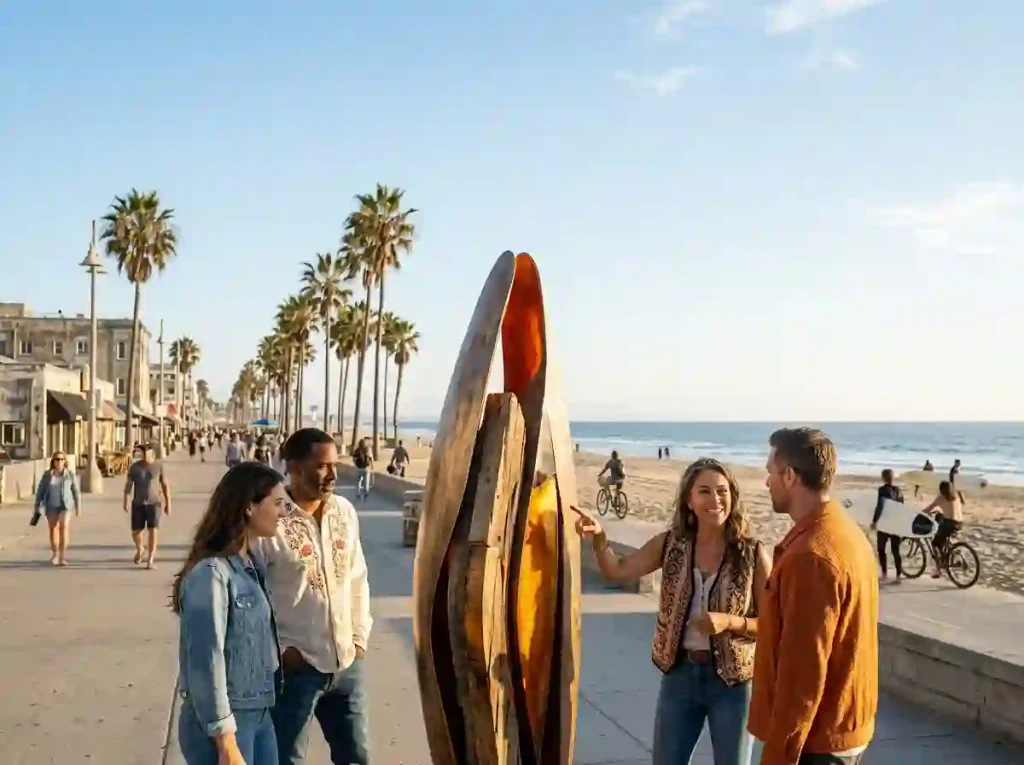 Venice Beach coastal plaza with palm trees, pedestrians, and the Pacific Ocean in the background.