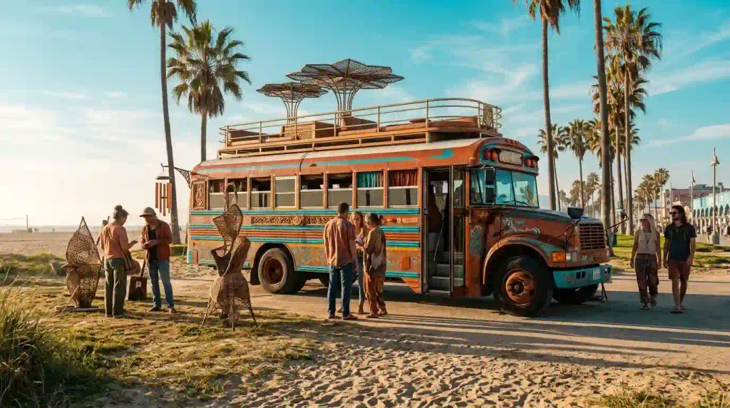 Colorful art car and outdoor art installations among palm trees at a Venice Beach community gathering.