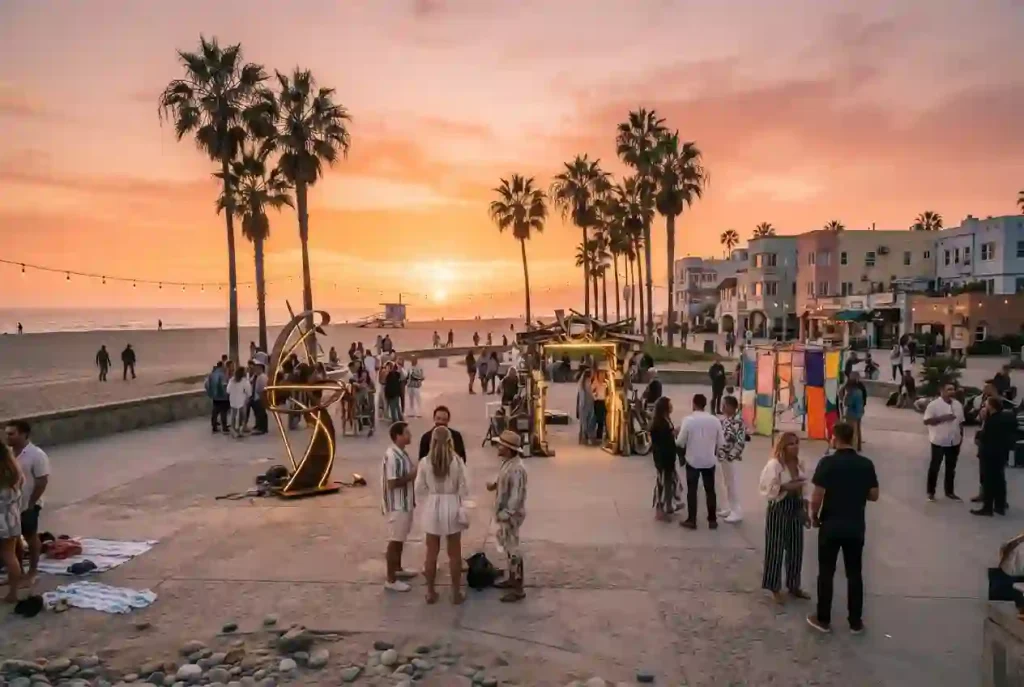Illustrative Venice Beach gathering with palm trees, coastal sunset and outdoor art in a public plaza.