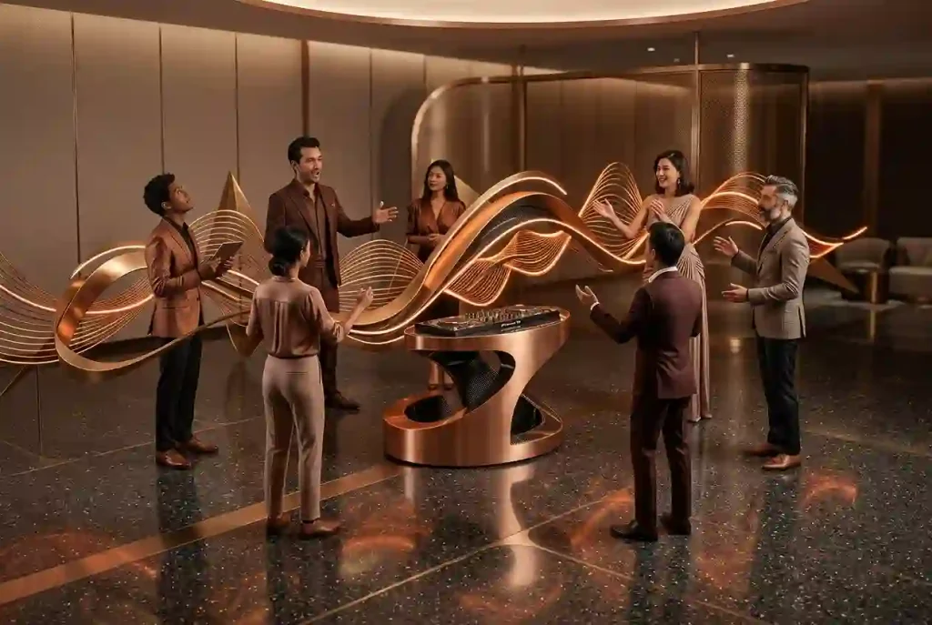 Stylized digital avatars gather around an orange virtual music platform with sculptural sound waves.